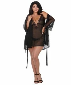 Dreamgirl International LINGERIE Plus Size Stretch Mesh Chemise & Robe Set