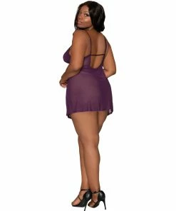 Dreamgirl International Plus Size Stretch Mesh Chemise & Robe Set With Scalloped Lace Trim Throughout