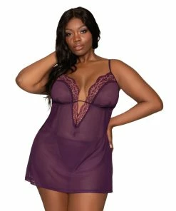Dreamgirl International Plus Size Stretch Mesh Chemise & Robe Set With Scalloped Lace Trim Throughout