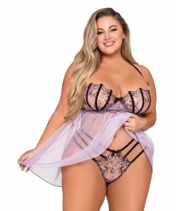 Dreamgirl International What's New Plus Size Stretch Mesh Embroidered Babydoll & G-String Set With Adjustable Halter Neck