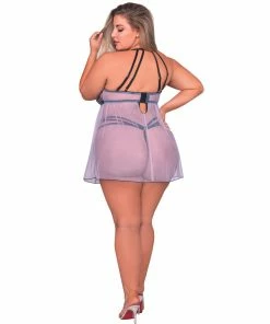 Dreamgirl International What's New Plus Size Stretch Mesh Embroidered Babydoll & G-String Set With Adjustable Halter Neck