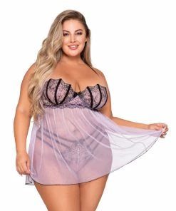 Dreamgirl International What's New Plus Size Stretch Mesh Embroidered Babydoll & G-String Set With Adjustable Halter Neck