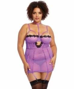 Dreamgirl International Plus Size Stretch Mesh & Venise Lace Garter Slip LINGERIE