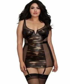 Dreamgirl International Plus Size Stretch Power Mesh Garter Slip With Gold Center Panel
