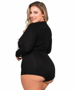 Dreamgirl International What's New Plus Size Stretch Rib Knit Sleepwear Romper With Plunge Neckline