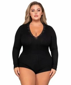 Dreamgirl International What's New Plus Size Stretch Rib Knit Sleepwear Romper With Plunge Neckline