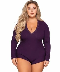 Dreamgirl International What's New Plus Size Stretch Rib Knit Sleepwear Romper With Plunge Neckline