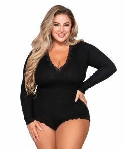 Dreamgirl International Plus Size Stretch Rib Knit Sleepwear Romper With Plunge Neckline What's New
