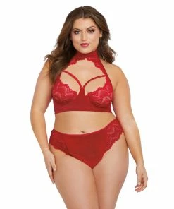 Dreamgirl International Plus Size Stretch Velvet Bra & Open Back Panty Lingerie Set With Halter Neckline