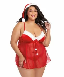 Dreamgirl International Plus Size Stretch Velvet Santa Babydoll & Thong Set With Matching Santa Hat