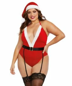 Dreamgirl International Plus Size Stretch Velvet Santa Themed Teddy With Matching Santa Hat Bodysuits & Teddies