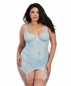 Dreamgirl International Plus Size Striped Lace Underwire Garter Slip With G-String