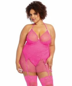 Dreamgirl International Plus Size Two-Layered Fishnet Garter Slip