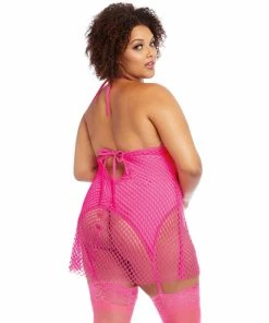 Dreamgirl International Plus Size Two-Layered Fishnet Garter Slip