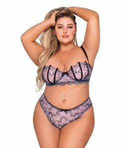Dreamgirl International Plus Size Underwire Bra & G-String Set With Delicate Embroidery & Strappy Back G-String