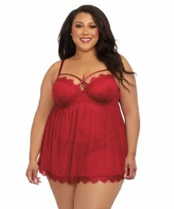Dreamgirl International Cottage Core Plus Size Underwire Push Up Cup Babydoll With Stretch Mesh Skirt