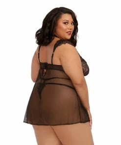 Dreamgirl International Babydolls & Chemises Plus Size Underwire Stretch Mesh & Eyelash Lace Fly-A-Way Front Babydoll