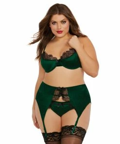 Dreamgirl International Babydolls & Chemises Plus Size Velvet Garterbelt Bra & Panty Set With Bow & Lace Detail