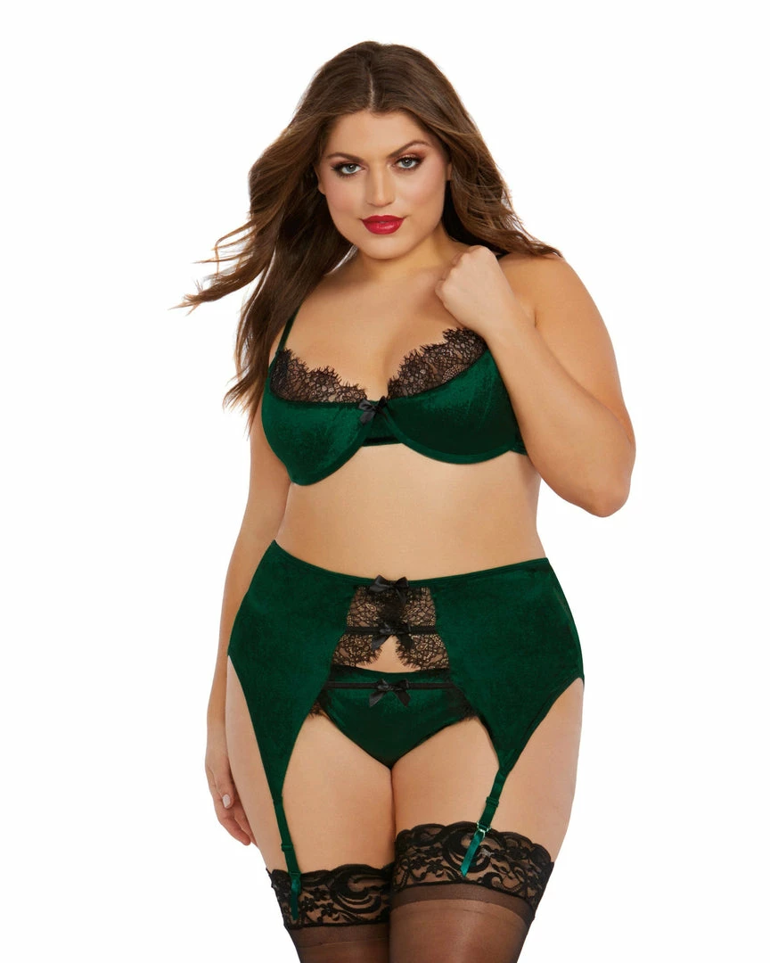 Dreamgirl International Babydolls & Chemises Plus Size Velvet Garterbelt Bra & Panty Set With Bow & Lace Detail 1 Dreamgirl International Babydolls & Chemises Plus Size Velvet Garterbelt Bra & Panty Set With Bow & Lace Detail