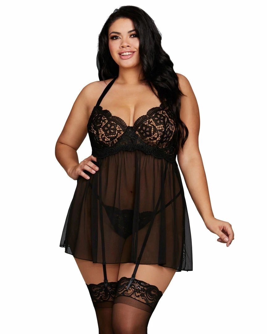 Dreamgirl International Plus Size Venise Embroidery Lace Garter Babydoll With Thong 5 Dreamgirl International Plus Size Venise Embroidery Lace Garter Babydoll With Thong