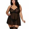 Dreamgirl International Plus Size Venise Embroidery Lace Garter Babydoll With Thong LINGERIE