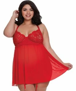 Dreamgirl International Plus Size Venise Embroidery Lace Garter Babydoll With Thong LINGERIE