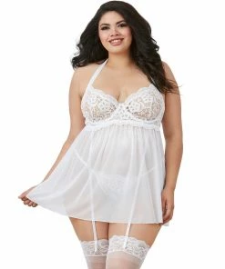 Dreamgirl International Plus Size Venise Embroidery Lace Garter Babydoll With Thong LINGERIE