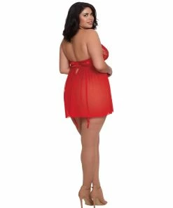 Dreamgirl International Plus Size Venise Embroidery Lace Garter Babydoll With Thong LINGERIE