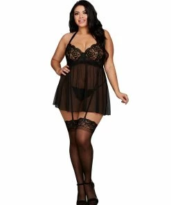 Dreamgirl International Plus Size Venise Embroidery Lace Garter Babydoll With Thong 19 Dreamgirl International Plus Size Venise Embroidery Lace Garter Babydoll With Thong