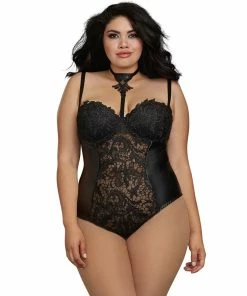 Dreamgirl International Plus Size Venise Lace And Faux Leather Collared Teddy