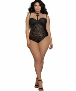 Dreamgirl International Plus Size Venise Lace And Faux Leather Collared Teddy