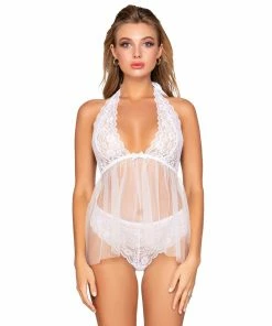 Dreamgirl International Retro Short Stretch Lace & Mesh Halter Babydoll With Fly-A-Way Back