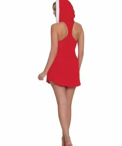 Dreamgirl International Santa Themed Chemise With Attached Hood And Faux Fur Trims Babydolls & Chemises