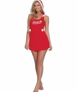 Dreamgirl International Santa Themed Chemise With Attached Hood And Faux Fur Trims Babydolls & Chemises