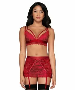 Dreamgirl International What's New Scalloped Lace Bralette, Garterskirt & G-String Set With Studded Strapping