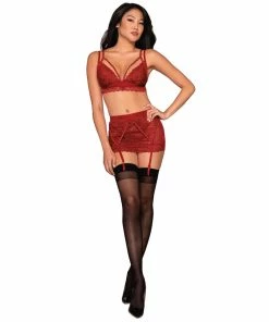 Dreamgirl International What's New Scalloped Lace Bralette, Garterskirt & G-String Set With Studded Strapping