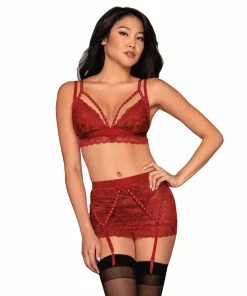 Dreamgirl International What's New Scalloped Lace Bralette, Garterskirt & G-String Set With Studded Strapping