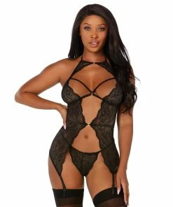 Dreamgirl International LINGERIE Scalloped Stretch Lace Band Open Front Garter Slip