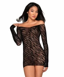 Dreamgirl International Seamless Zebra Patterned Off-Shoulder Chemise With Thumbholes What's New