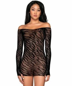 Dreamgirl International Seamless Zebra Patterned Off-Shoulder Chemise With Thumbholes What's New