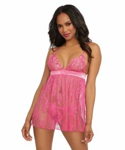 Dreamgirl International Babydolls & Chemises Sheer Lace Babydoll & G-String Set With Velvet Accents