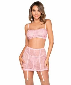 Dreamgirl International Sheer Mesh Ruched Bandeau Bra, Garterskirt & G-String Set With Removable Straps