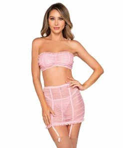Dreamgirl International Sheer Mesh Ruched Bandeau Bra, Garterskirt & G-String Set With Removable Straps