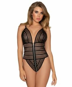 Dreamgirl International Sheer Stripped Elastic Teddy With Snap Crotch & Gold Metal Zipper What's New