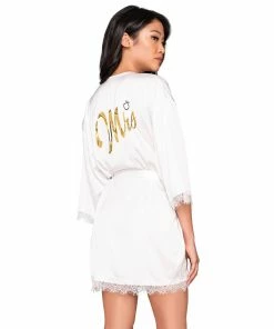 Dreamgirl International What's New Silky Satin Charmeuse Robe With Attached Belt & Screen-Printed "Mrs." Back Detail