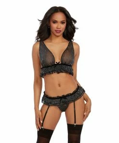 Dreamgirl International Bras & Bralette Sets Sparkle Mesh Bralette & Garter Panty Set With Double Ruffle Velvet Trim