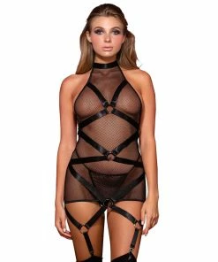 Dreamgirl International Stretch Fishnet Halter Garter Slip With Open Back Detail