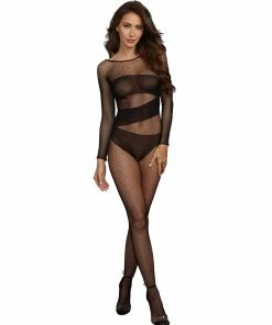 Dreamgirl International HOSIERY Stretch Fishnet Long-Sleeved Bodystocking With Opaque Knit Detailing