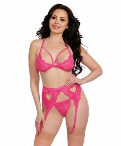 Dreamgirl International Babydolls & Chemises Three-Piece Stretch Galloon Lace Bralette Set With Tie-Back Garter Belt