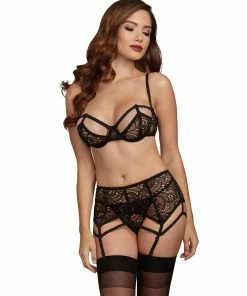 Dreamgirl International Bras & Bralette Sets Stretch Lace 3-Piece Garter Set With Architectural Detailing 10 Dreamgirl International Bras & Bralette Sets Stretch Lace 3-Piece Garter Set With Architectural Detailing